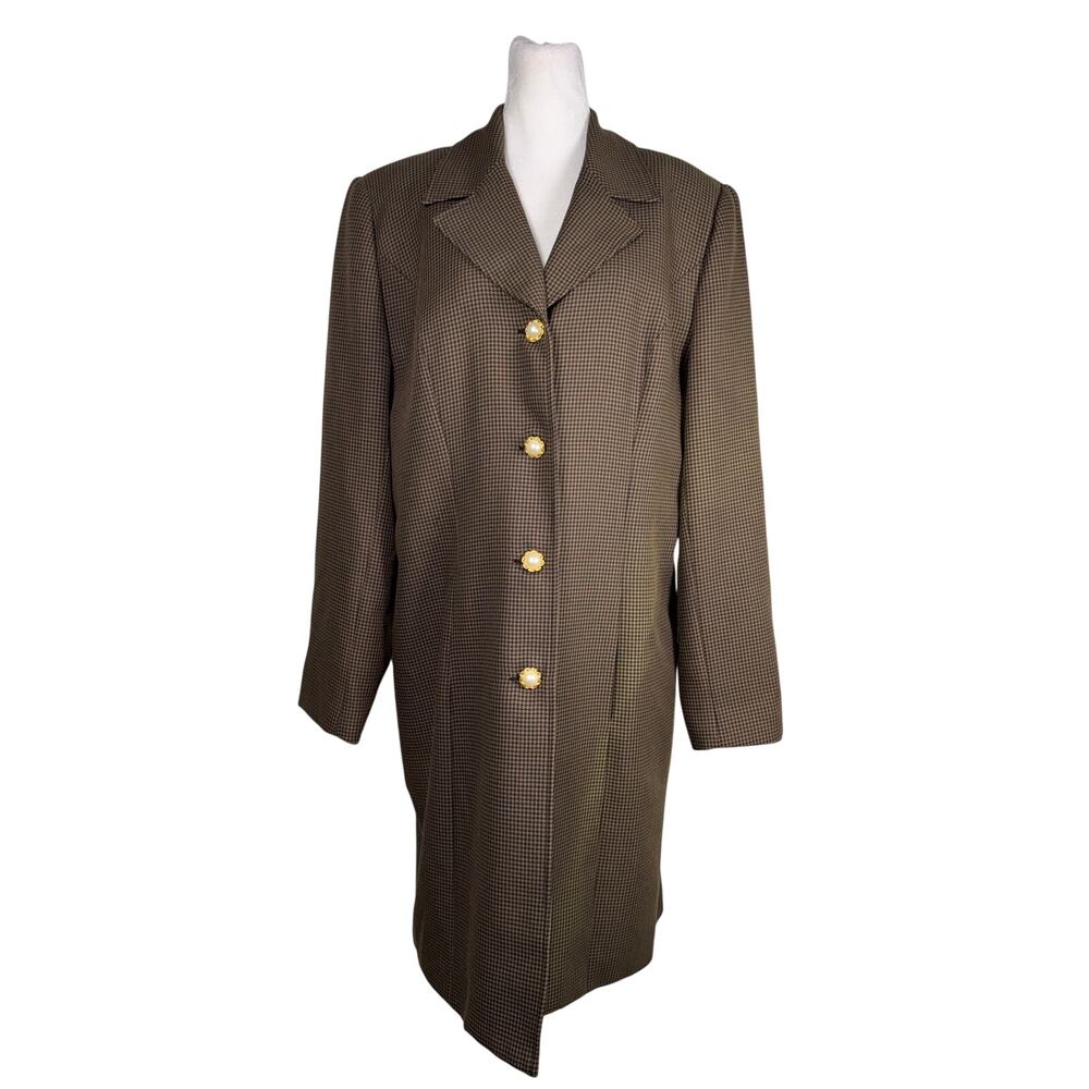 Vintage ‘90s Renlyn Brown Houndstoth Knee Length Single Breasted Jacket